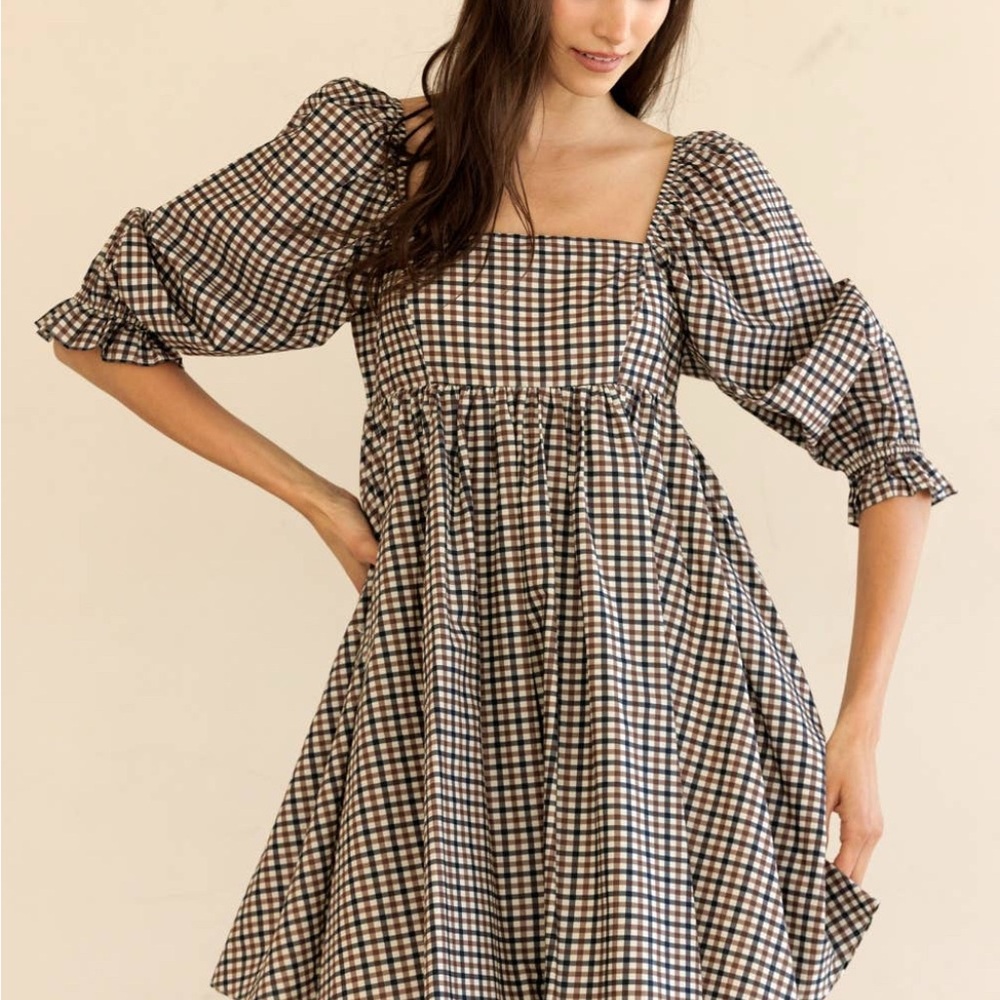 Gingham Checkered Pattern Puff Sleeve Mini Dress - image 4